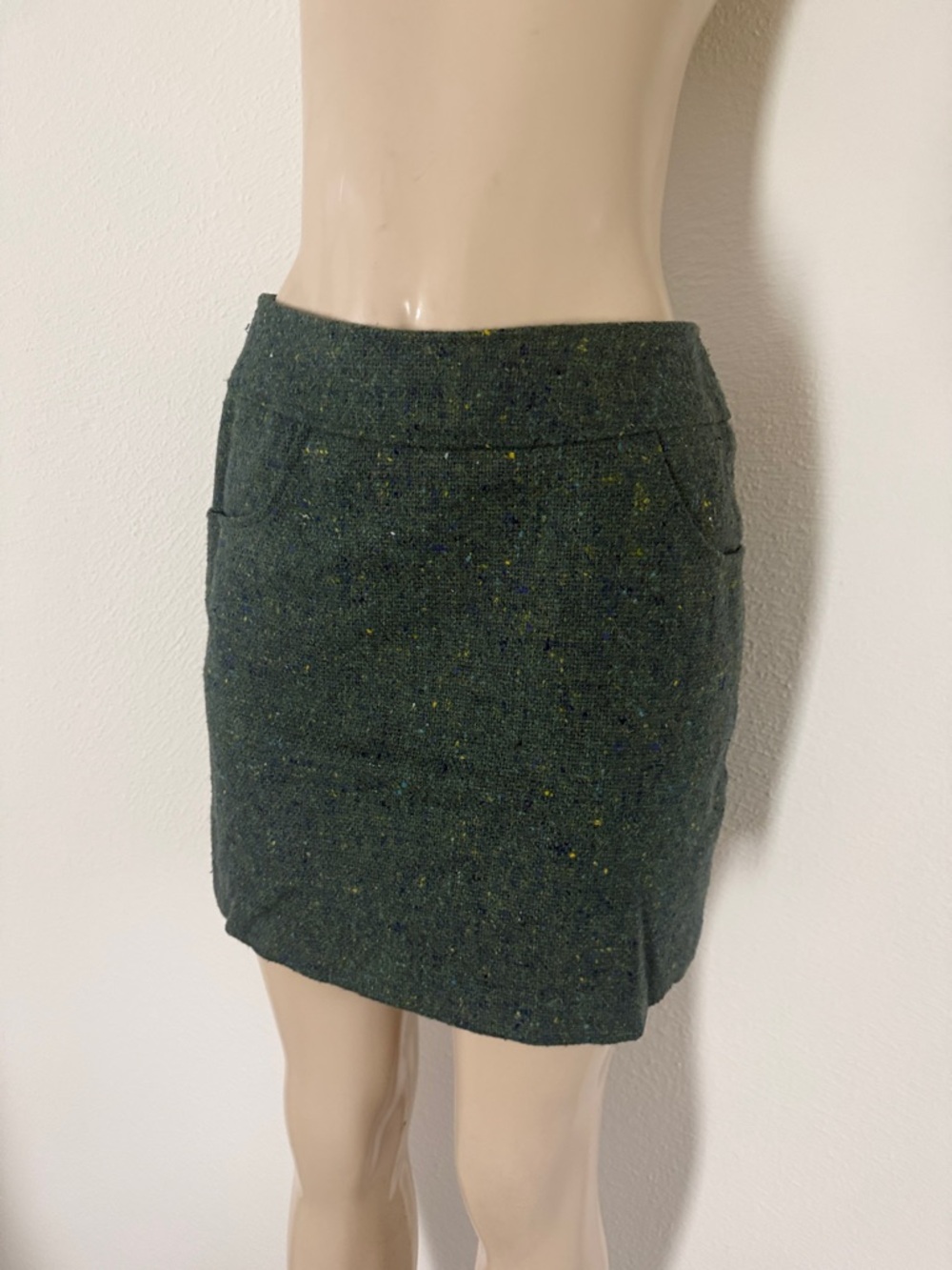 Vtg Express Dark Green Tweed Mini Skirt with Multicolor Flecks 6